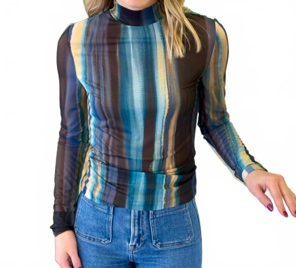NEW ELAN oslo long sleeve top in blue/tan